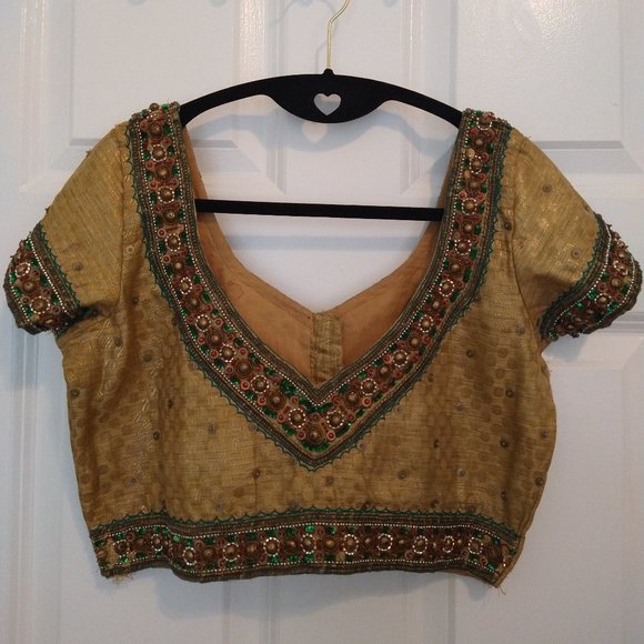 Gold saree/lehenga blouse crop top with hand embroidery and sequins - Picture 1 of 8